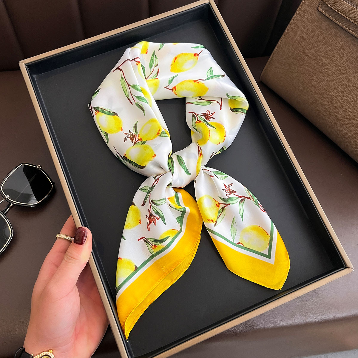 2025 New Yellow Lemon Print Sq - Scarf Silk Square review and price