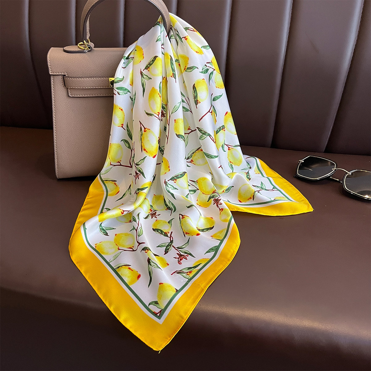 2025 New Yellow Lemon Print Sq - Scarf Silk Square review and price